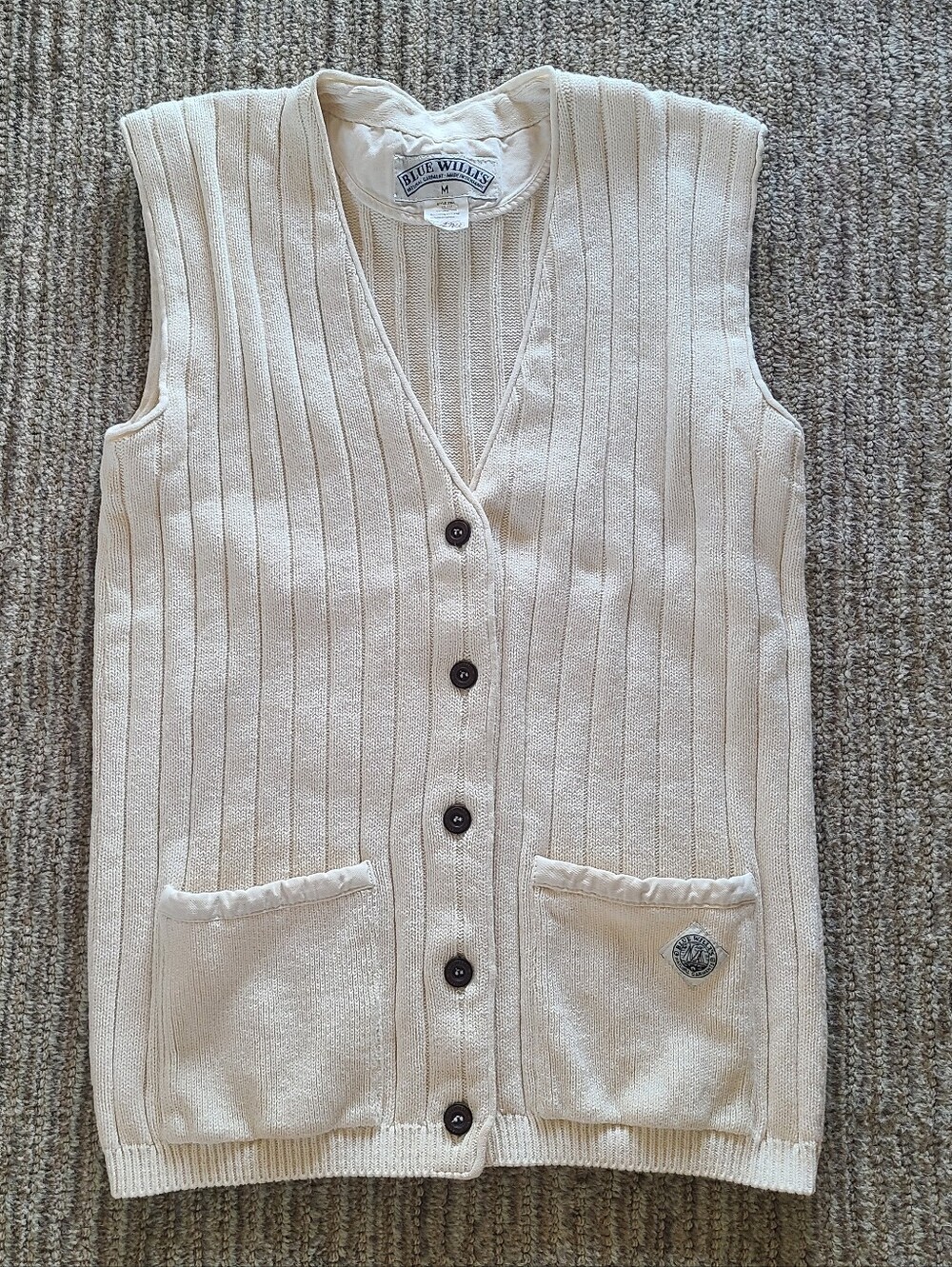 VTG Blue Willi's Cream Cotton Knit Button Up Vest Size M